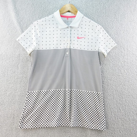 Nike Golf Polka Dot Polo Shirt Women's M Pink Accents Dri-Fit Sport Top Stretch - Picture 1 of 7